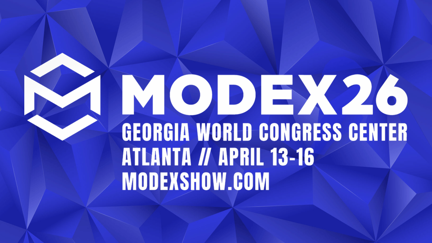 MODEX 2026 event ad with white text on a blue geometric background, listing location as Georgia World Congress Center, Atlanta, April 13-16, and website MODEXSHOW.COM.