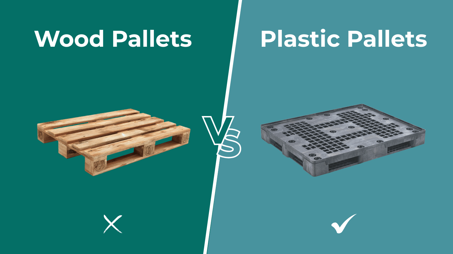 A pallet comparison shows a wood pallet on the left with an X mark and a plastic pallet on the right with a check mark, highlighting the benefits of plastic pallets over wood pallets.