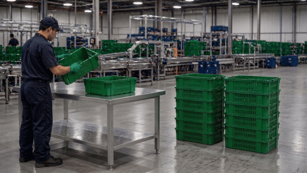 A worker in a factory places green plastic harvest lugs on a metal table, with more empty crates stacked nearby and conveyor belts in the background.