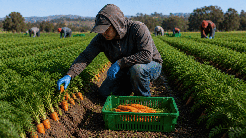 A worker in a hoodie and gloves harvests carrots in a field, placing them into green harvest lugs, while others work in the background.
