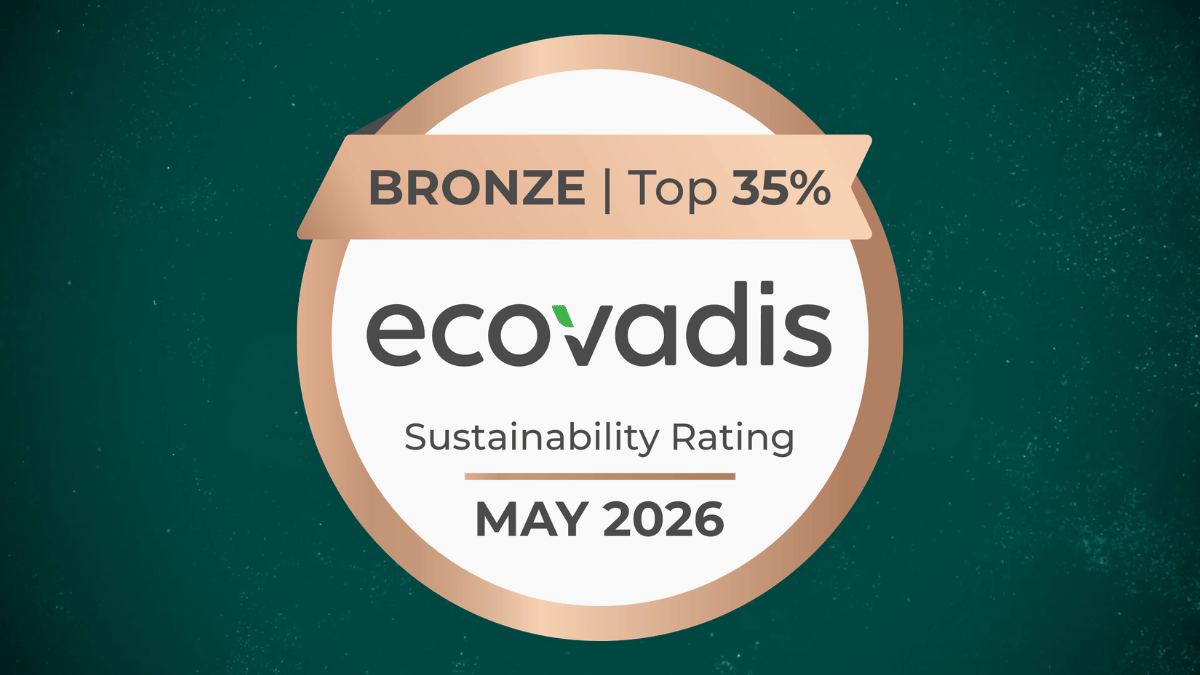 A circular badge displays "Bronze | Top 35%" and "ecovadis Sustainability Rating May 2026" on a dark green background.