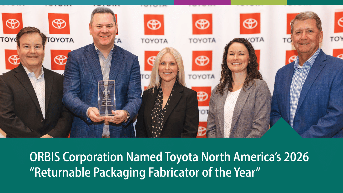 Five people in business attire stand smiling, one holding an award, in front of a backdrop with Toyota logos. Text below announces ORBIS Corporation's 2026 packaging award from Toyota North America.